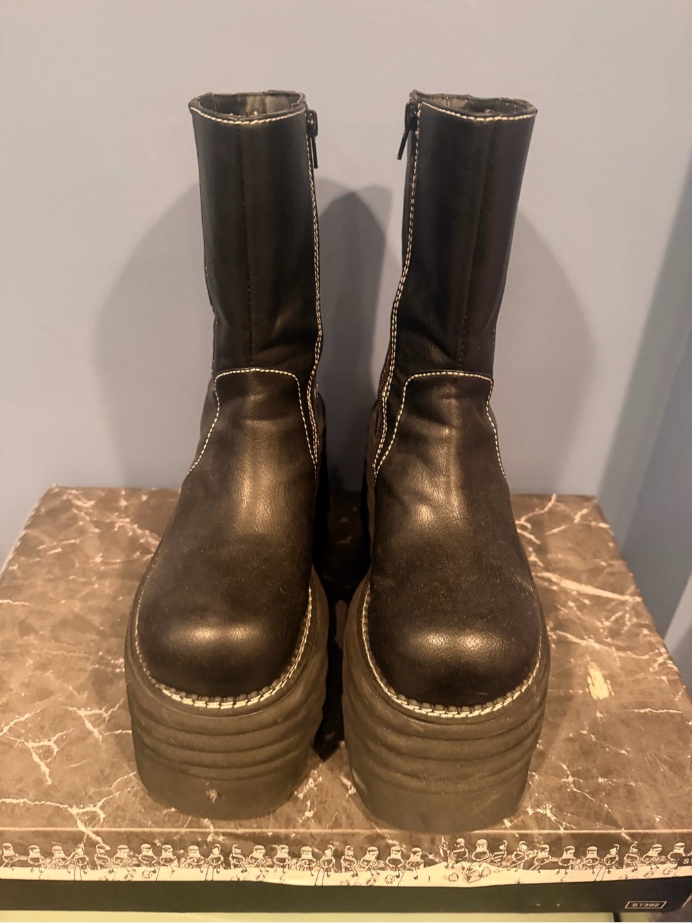 Dolls Kill Black Platform Mid-Calf Boots with Contrast Stitching - Picture 3 of 4